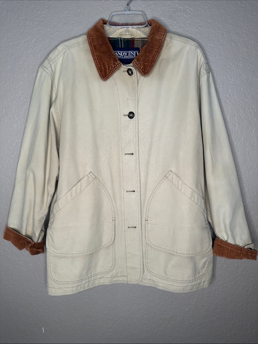 Vintage Lands' End Canvas Barn Coat Jacket Plaid Flannel Lined Cream